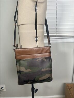 COACH Shoulder Messenger Zip Bag Leather, Coated Camo Canvas
